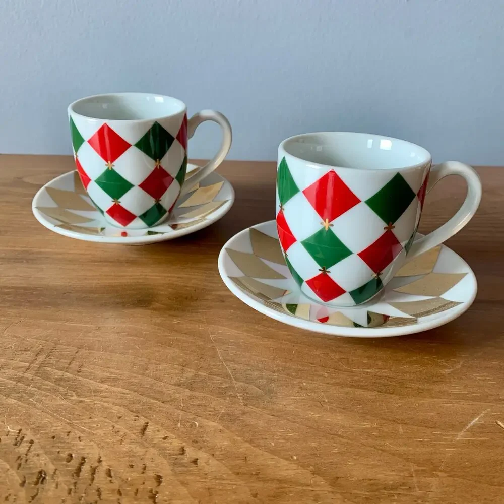 Williams Sonoma Harlequin Cup & Saucer Red Green Gold Demitasse Diamonds 2